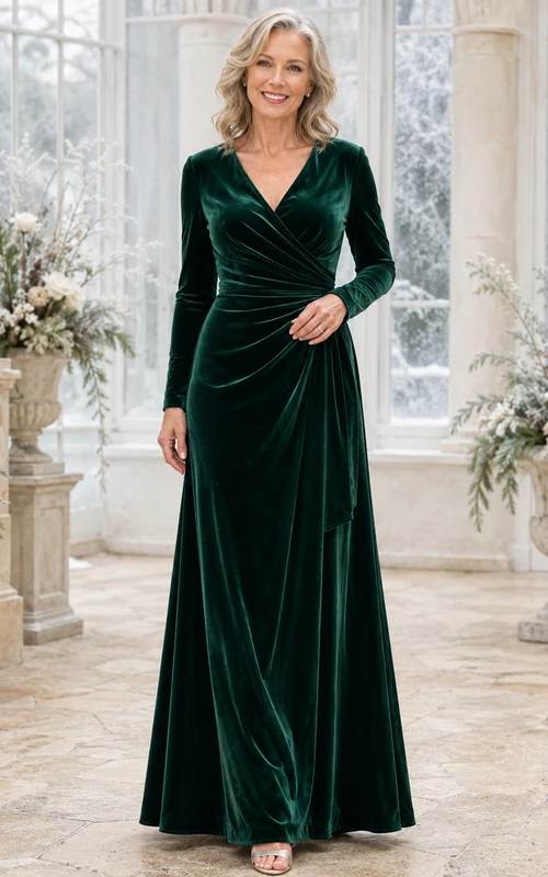 Emerald velvet long sleeve wrap winter formal mother gown