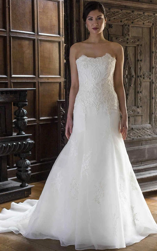 Meerjungfrauen-Brautkleid, trägerlos, ärmellos, bodenlang, mit Applikationen und Perlenstickerei