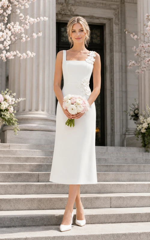 Midi-Brautkleid mit quadratischem Ausschnitt und Säulenform