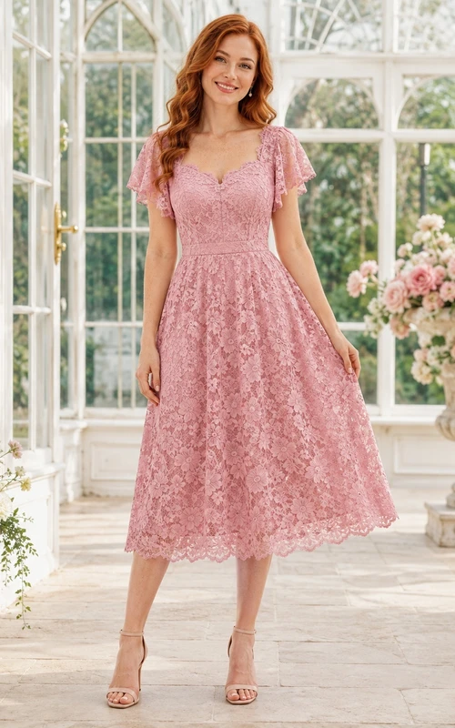 Pink Lace Scoop Neck Cap Sleeve A-Line Tea-Length Romantic Garden Guest Dress