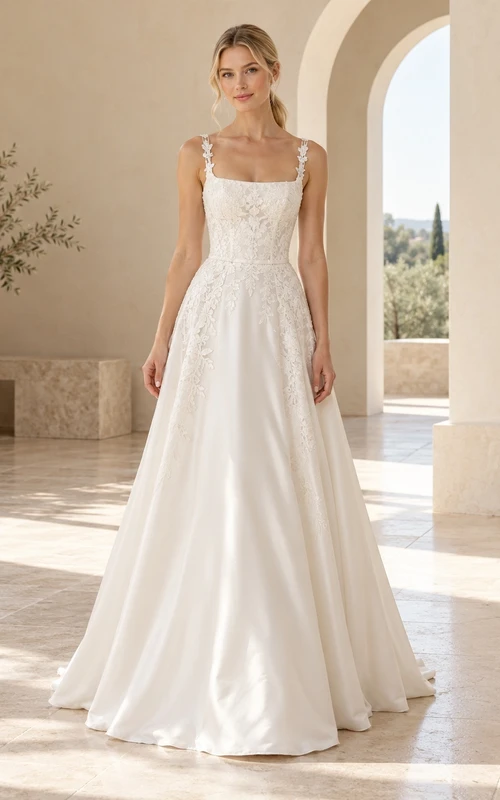 Simple Square Neck A-Line Floral Lace Straps Satin Wedding Dress