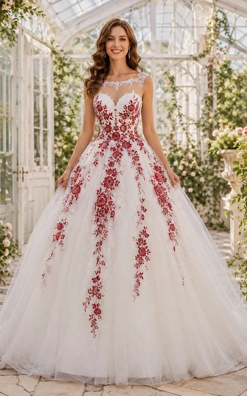 Ärmelloses Brautkleid aus rotem, floralem Spitzenstoff mit A-Linien-Schleppe und Tüllträgern