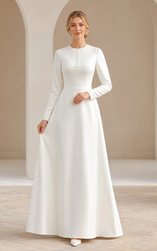 Vestido de manga larga blanco con escote joya y corte en A, estilo templo mormón.