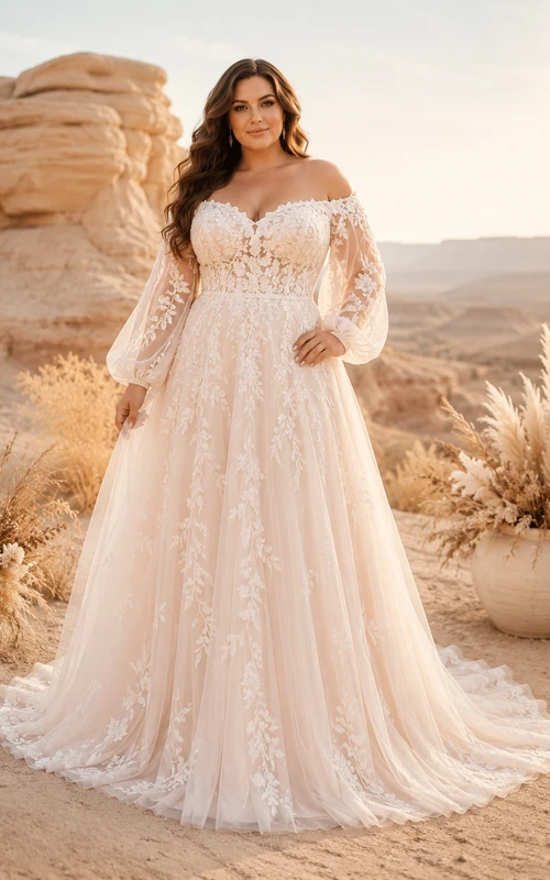 Vestido de novia de talla grande con escote Bardot, mangas acampanadas y encaje, corte en A