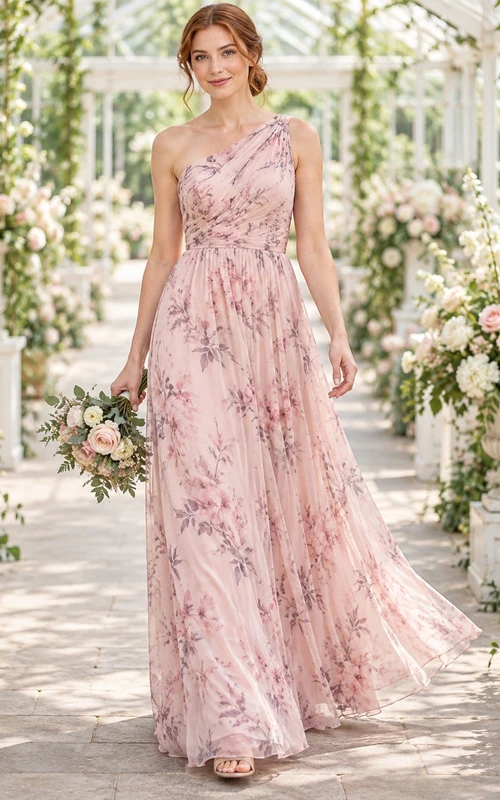 Vestido de dama de honor de gasa rosa rubor con estampado floral, un solo hombro, drapeado y largo hasta el suelo, corte en A.