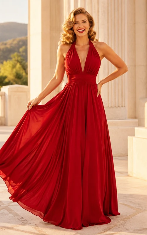 Elegantes rotes, plissiertes Chiffon-Abendkleid in A-Linie, bodenlang, mit Neckholder
