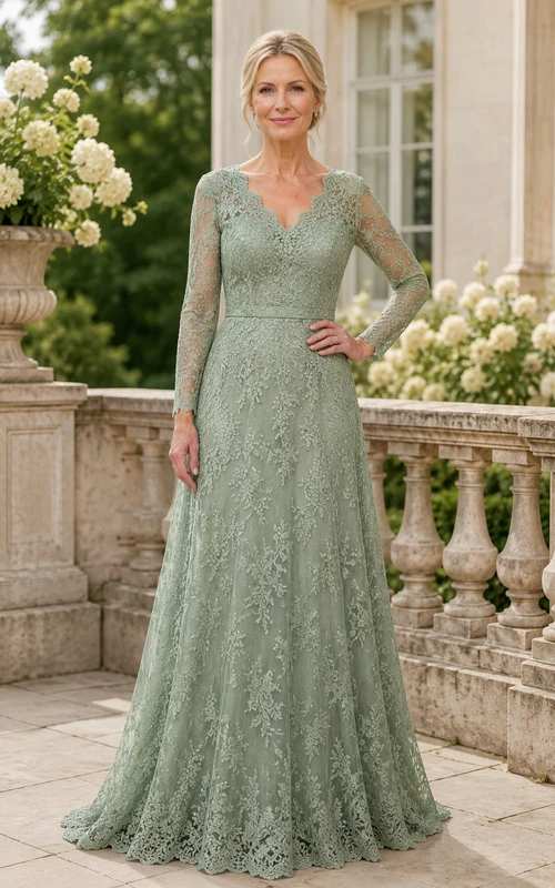 Salbeigrünes, langärmeliges A-Linien-Kleid aus Spitze mit Schleppe