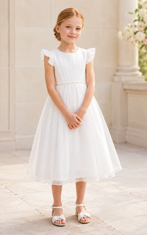 Simple Tulle A-Line Flower Girl Dress with Jewel Neck, Tea-Length Skirt and Pleated Skirt