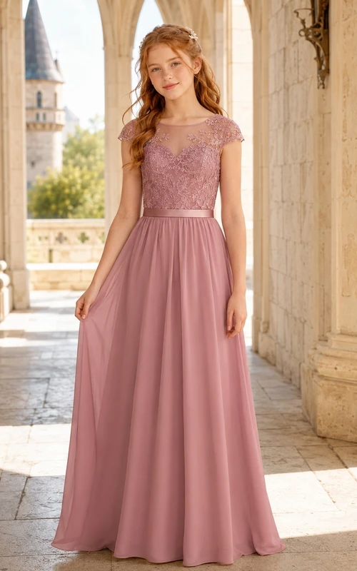 Elegantes, rosafarbenes Brautjungfernkleid im A-Linien-Stil mit Schmucksteinen, kurzen Flügelärmeln und Spitzendetails