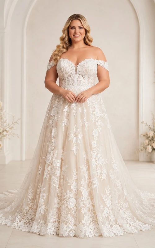 Champagnerfarbenes Brautkleid in Übergröße, A-Linie, aus Spitze, schulterfrei, kurze Ärmel, Kapellenschleppe