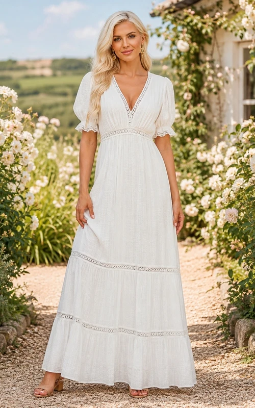 White Chiffon V-neck Short Sleeve Tiered A-line Maxi Dress