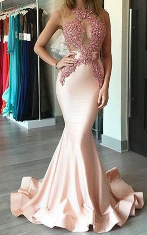 Meerjungfrauen-Trompetenkleid aus Satin und Spitze mit hohem Kragen, ärmellos, Illusion-Stil