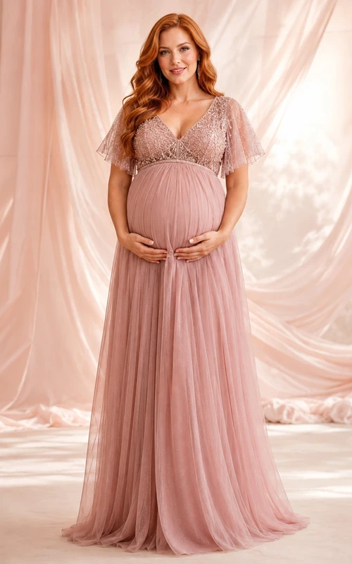 Dusty Rose Flutter Sleeve Empire Maternity Chiffon Floor-Length Dress