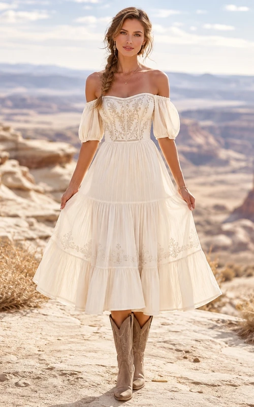 Western Off-Shoulder Short Sleeve Chiffon A-Line Tea-Length Wedding Dress