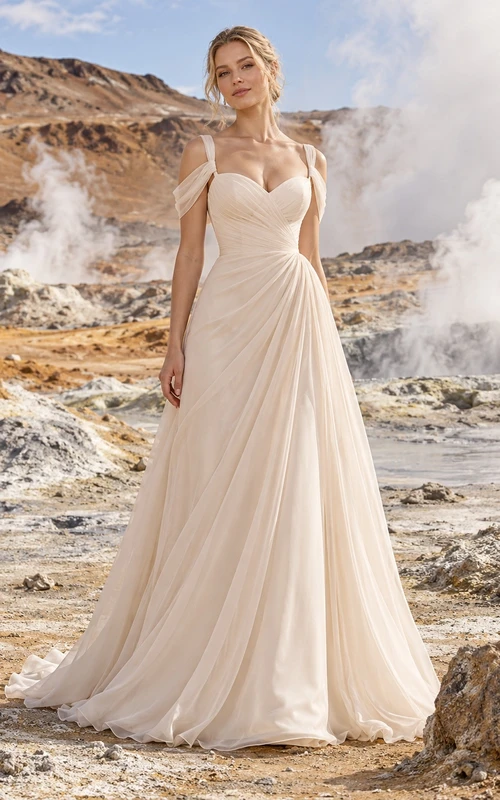 Sencillo vestido de novia de gasa con corte en A, tirantes en forma de corazón y tirantes drapeados.