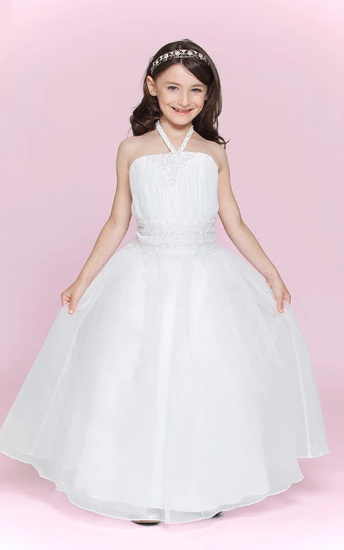 Vestido de fiesta de organza de cuello alto para niña de las flores con cintura adornada con cuentas.