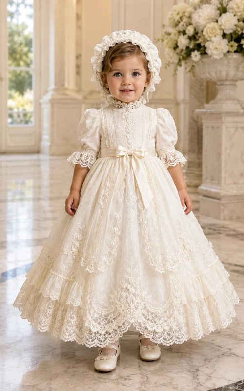 Champagne Vintage Baby Baptism Christening Ceremony Dress A-Line Tea-Length High Neck Puff Sleeve Tulle Lace Bow Back Button Back