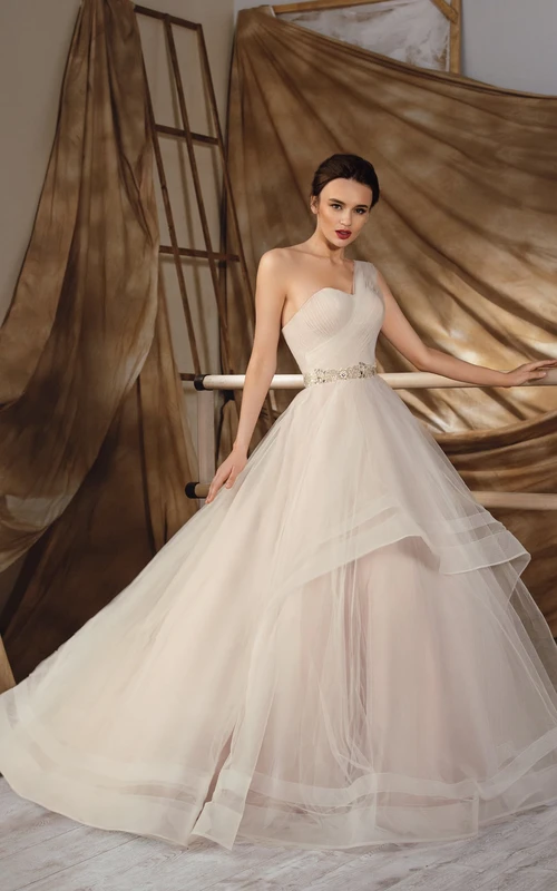 Langes, ärmelloses Chiffon-Ballkleid mit Schnürung, asymmetrischem Träger, Raffungen und Taillenschmuck