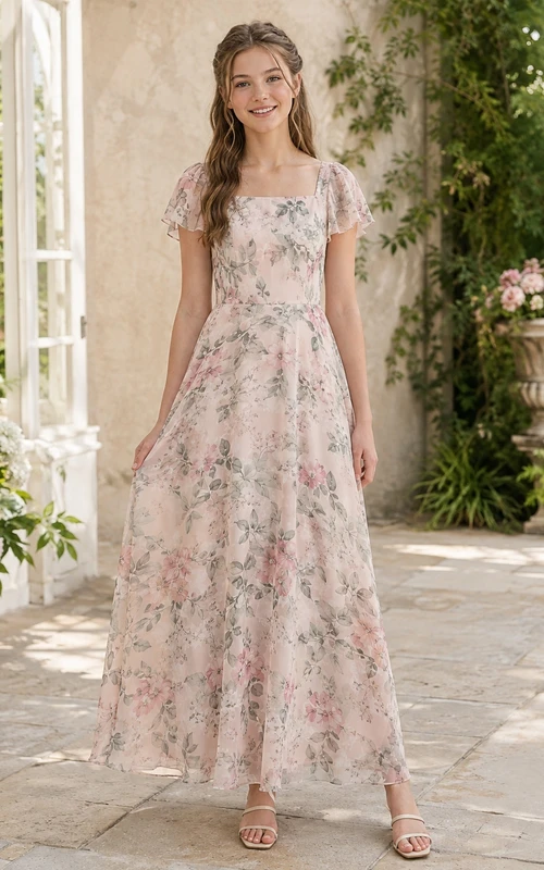 Zartrosa Brautjungfernkleid im A-Linien-Schnitt mit eckigen, kurzen Ärmeln und floralem Blütenmuster im Boho-Stil