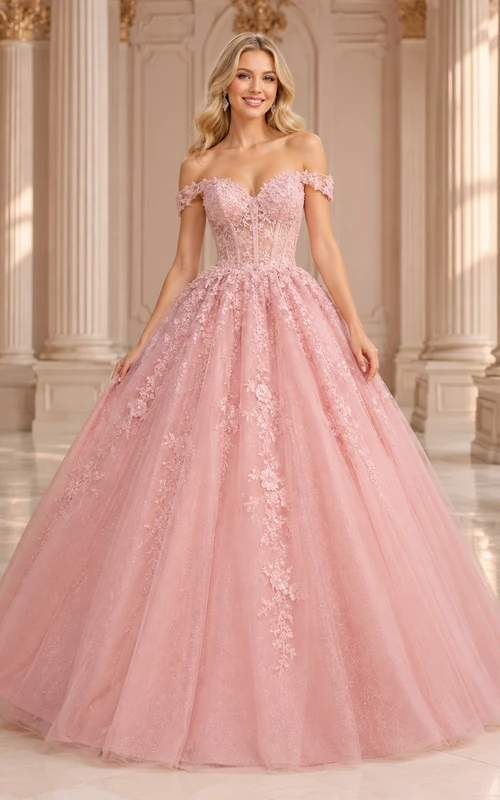 Vestido de fiesta largo hasta el suelo para quinceañera, modelo Blossom Pearl-Pink, con escote corazón, encaje floral y tul.