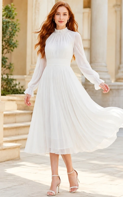 Weißes, hochgeschlossenes, langärmeliges, plissiertes A-Linien-Kleid in Teelänge