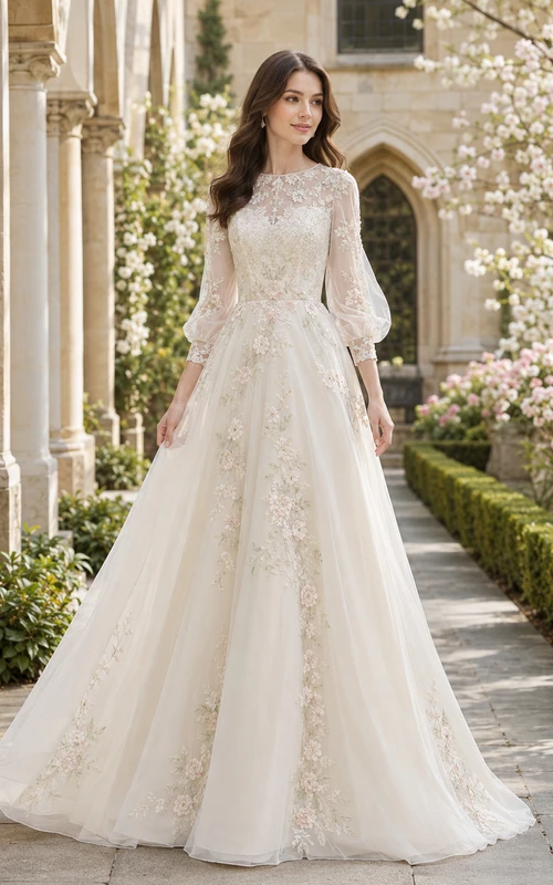 Spring Floral Long Sleeve High Neck A-Line Chapel Wedding Dress