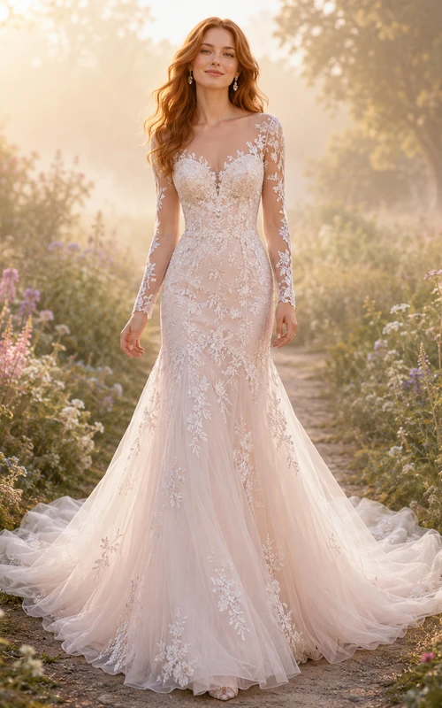 Brautkleid aus zartrosa Spitze und Tüll, A-Linie, V-Ausschnitt, ärmellos, Kapellenschleppe, Applikationen, tiefer V-Ausschnitt am Rücken