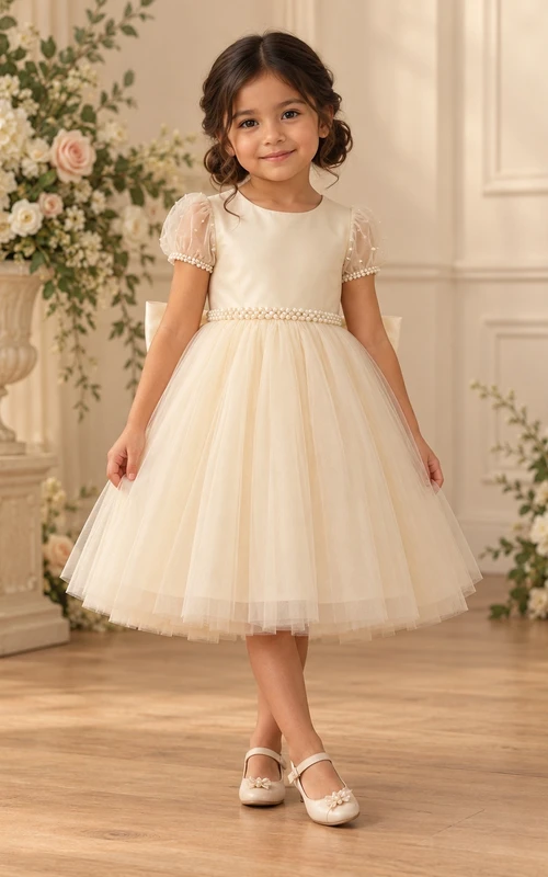 Champagnerfarbenes Tüll-Blumenmädchenkleid mit Perlen, Puffärmeln, Schleife am Knie und Perlenbesatz