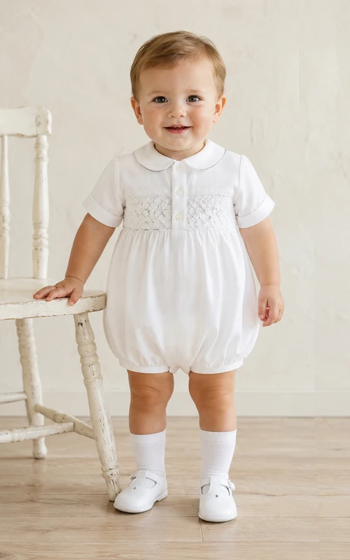 White Lace Bib Peter Pan Short Sleeve Christening Bubble Romper for Baby Boy