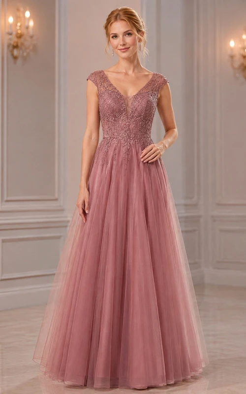 Romantic Dusty Rose V-neck Short Sleeve Floor-length Chiffon A-line Evening Dress