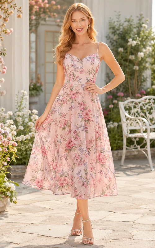 Robe de douche trapèze à fines bretelles et imprimé floral rose poudré, longueur midi.