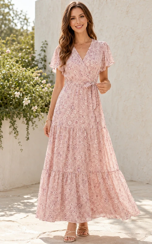 Rosafarbenes, geblümtes Wickelkleid mit V-Ausschnitt, flatternden Ärmeln und Stufenrock