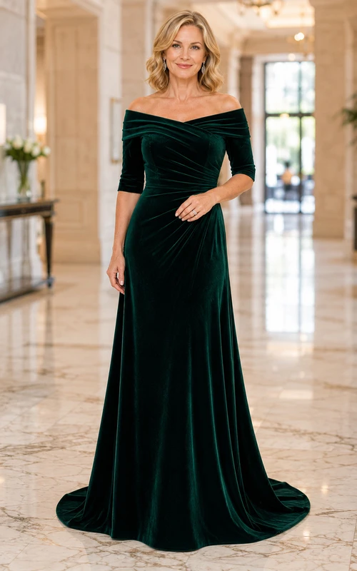 Dunkelgrünes Samtkleid im Meerjungfrauenstil mit schulterfreiem Ausschnitt und Schleppe