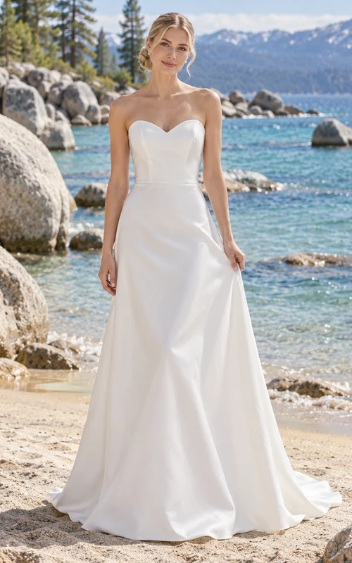 Vestido de novia sencillo, sin tirantes, sin mangas, de satén liso, corte en A y largo hasta el suelo
