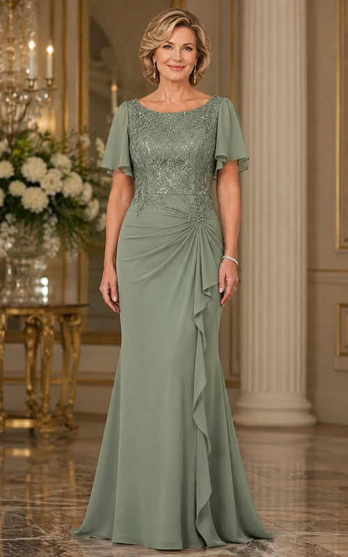 Vestido de gasa color salvia con corpiño de encaje y cuentas, ideal para la madre de la novia, con mangas acampanadas.