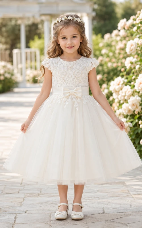 Vestido de niña de flores color marfil, romántico, largo hasta la rodilla, corte en A, manga corta, encaje, tul, lazo de satén.