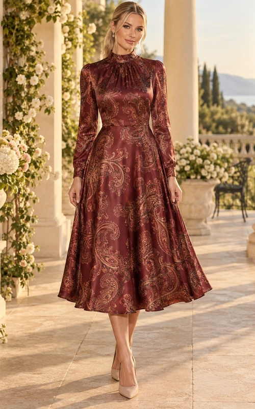 Vestido de fiesta de satén burdeos con estampado paisley, corte en A, cuello alto y manga larga hasta la rodilla.