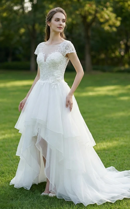 Brautkleid mit asymmetrischen T-Shirt-Ärmeln und Illusionseffekt