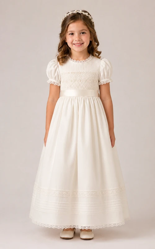 A-line Tea-length Puff Sleeve Tulle Flower Girl Dress with Ivory puff sleeves