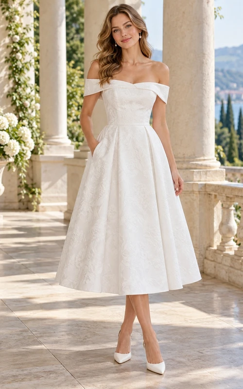 Robe de mariée vintage mi-longue en satin fleuri à épaules dénudées et poches, coupe trapèze, ornée de poches.