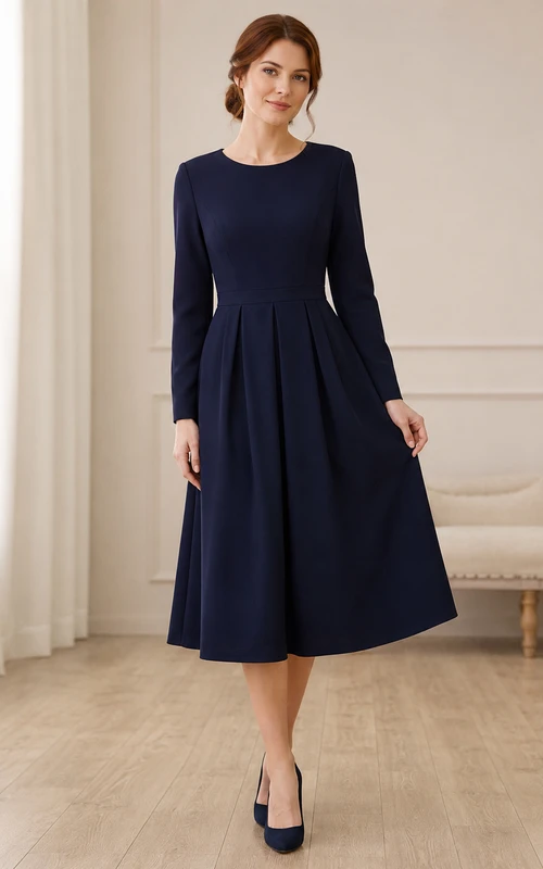 Robe midi plissée à manches longues bleu marine pour cérémonie commémorative