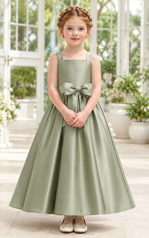 Schlichtes A-Linien-Kleid aus Satin mit Schleife, Rundhalsausschnitt, wadenlangem Rock und Schleifendetail.