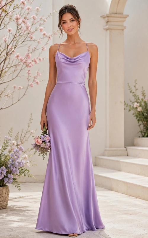 Robe de demoiselle d'honneur fourreau en satin lavande à col bénitier