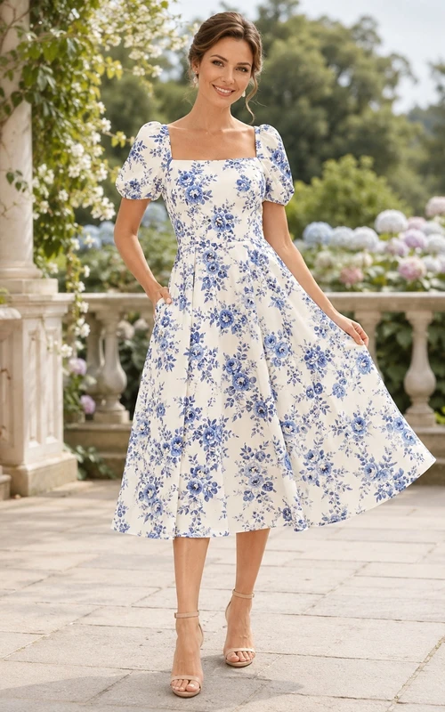 Floral Royal Blue Square Neck Puff Sleeve Tea-length A-line Dress