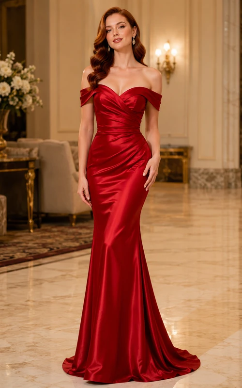Rotes schulterfreies Meerjungfrauenkleid aus Seidensatin