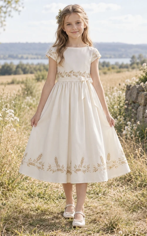 Country Tea-length Cream Bateau Cap Sleeve Wheat Embroidered Cotton Flower Girl Dress