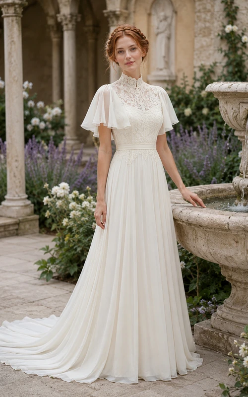 High Neck Flutter Sleeve Modest Chiffon Chapel Wedding Dress
