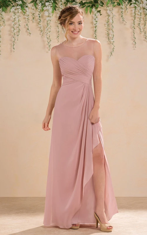 Brautjungfernkleid in A-Linie mit kurzen Ärmeln, transparentem Schlüssellochausschnitt am Rücken und Seitenschlitz