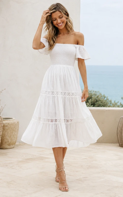White Off-Shoulder Tiered Chiffon Lace Bohemian Beach Dress Refined Occasion