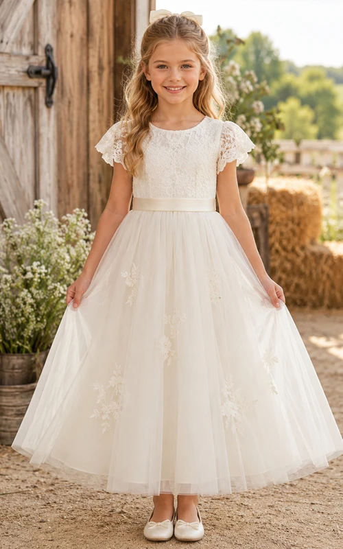 Lace Bodice Tulle A-Line Flower Girl Dress with Short Sleeves, Jewel Neck and Tea-Length Skirt